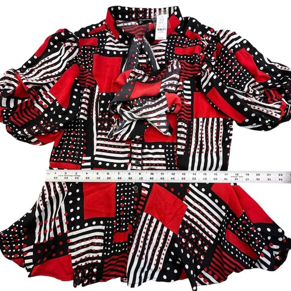 NY&C Peplum Waist Blouse Size XL Red Black Geometric Neck Bow Balloon Sleeve NEW - Picture 11 of 12